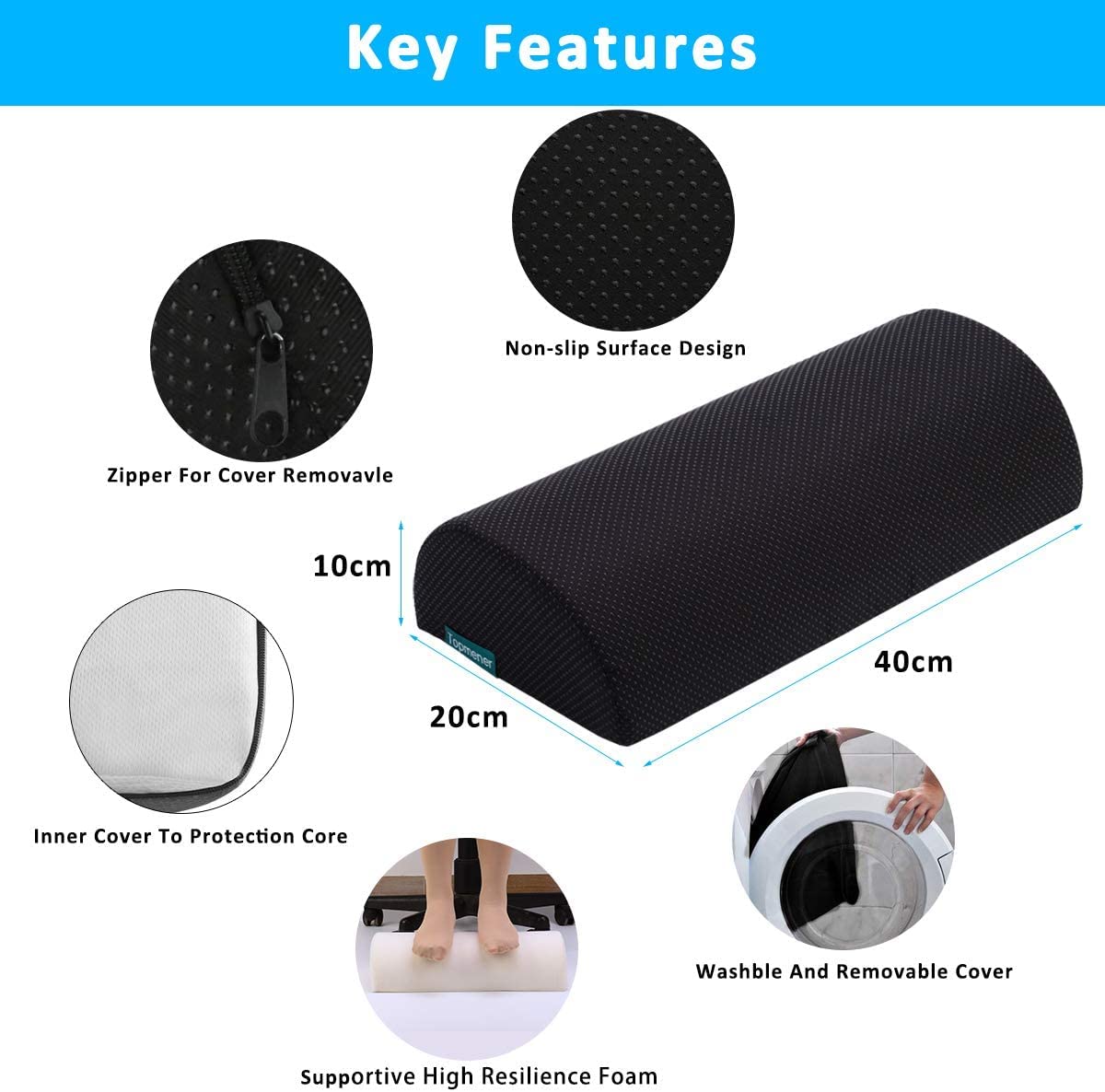 Ergonomic Foot Rest Cushion Foot Stool Under Desk with Massage Dots, Footrest Office with Washable Cover & Portable Handle, for Home Working& Office & Travel, Relieve Leg, Knee and Back