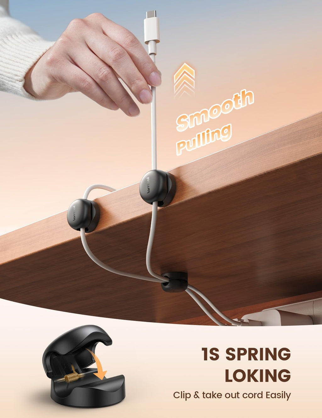 Lamicall [6 Pack] Spring Cable Holder Clips - [20% Smaller Volume] No-residue Cable Management, Cord Organiser, Desk Tidy, Phone Charging Wire Keeper for USB, HDMI, Wall, PC, Car, Office, Home - 8mm
