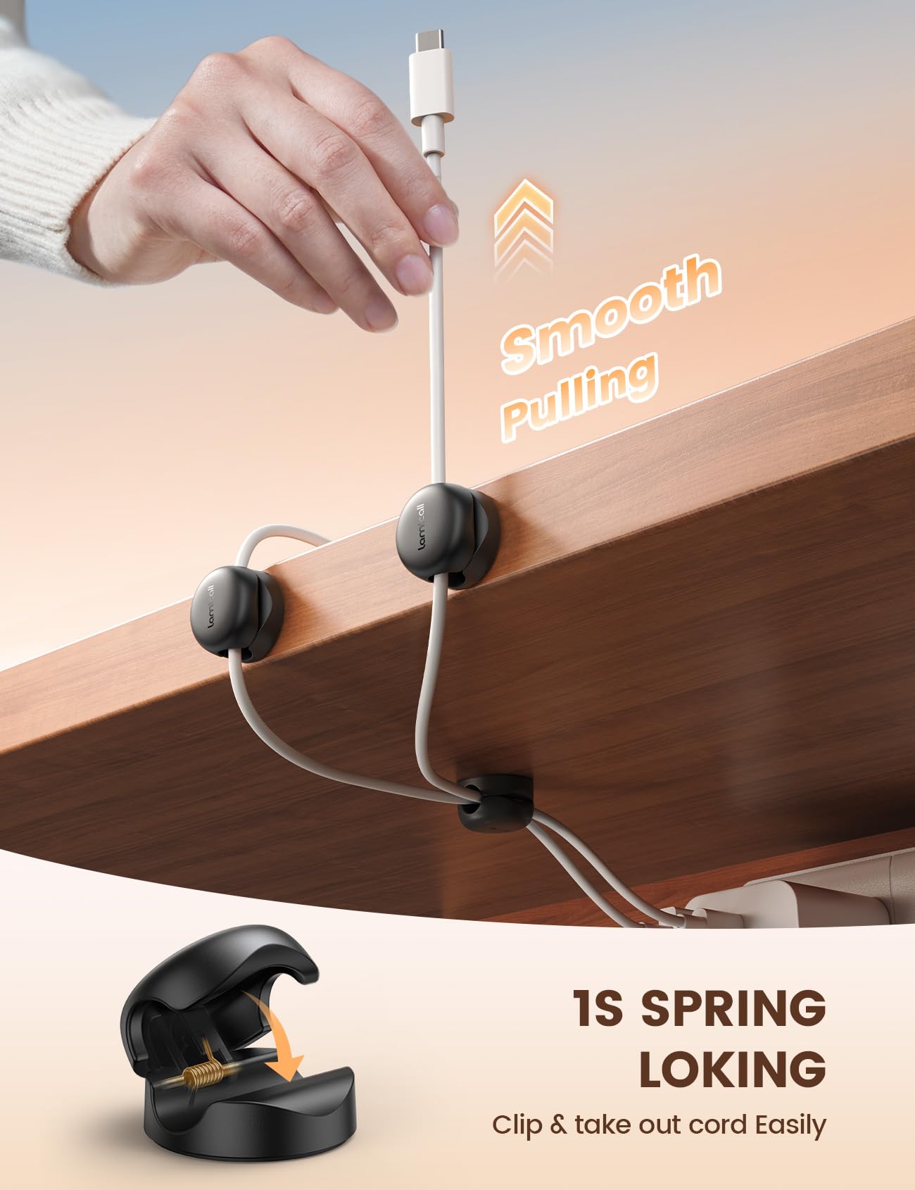 Lamicall [6 Pack] Spring Cable Holder Clips - [20% Smaller Volume] No-residue Cable Management, Cord Organiser, Desk Tidy, Phone Charging Wire Keeper for USB, HDMI, Wall, PC, Car, Office, Home - 8mm
