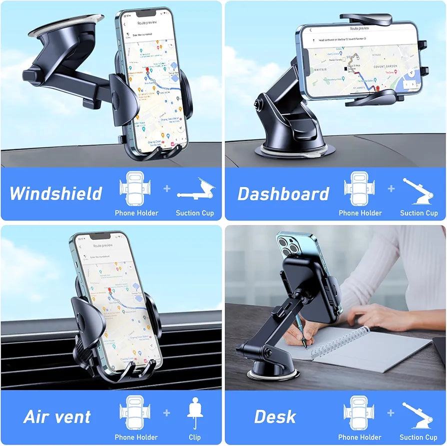 Blukar Car Phone Holder, Adjustable Car Phone Mount Cradle 360° Rotation - 4 in 1 Super Stable for Dashboard/Windscreen/Air Vent, One Button Release for All 4.7 to 6.7 inch Smartphones