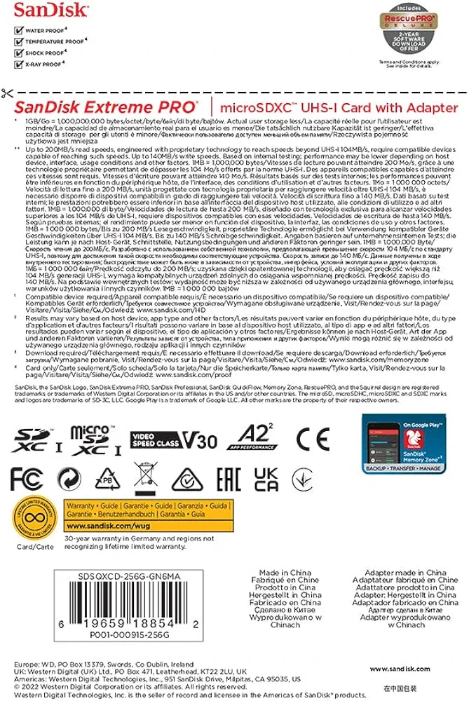 SANDISK Extreme PRO micro SD card 256GB + SD adapter 
