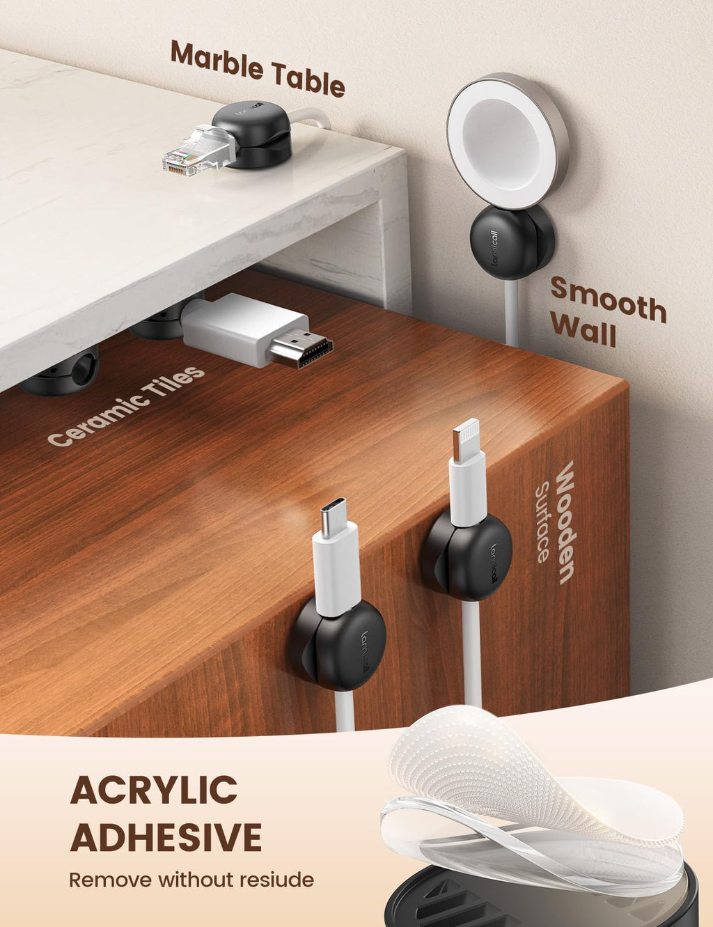 Lamicall [6 Pack] Spring Cable Holder Clips - [20% Smaller Volume] No-residue Cable Management, Cord Organiser, Desk Tidy, Phone Charging Wire Keeper for USB, HDMI, Wall, PC, Car, Office, Home - 8mm