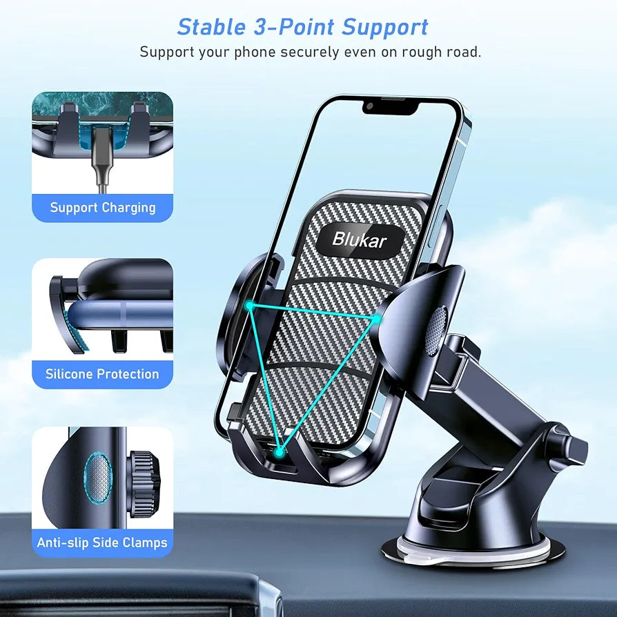 Blukar Car Phone Holder, Adjustable Car Phone Mount Cradle 360° Rotation - 4 in 1 Super Stable for Dashboard/Windscreen/Air Vent, One Button Release for All 4.7 to 6.7 inch Smartphones