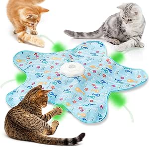 Interactive Cat Toys for Indoor Cats Adult kitten, Automatic Hide and Seek Cat Toy with Moving Feather and Mouse Squeaky for Indoor Kittens, USB Rechargeable, Blue