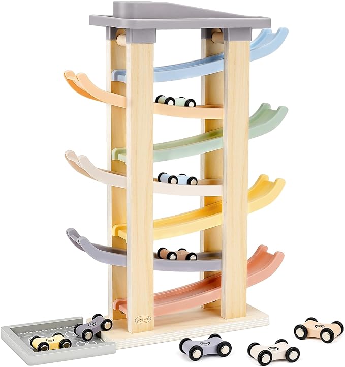 Joyreal Wooden Car Ramp Toy - Montessori Toys for 1 2 3 Years Old, Ramp Racer Toy Vehicle Set with 8 Mini Cars & Race Tracks & Car Garage, Toddler Travel Toys Gifts for Boys Girls