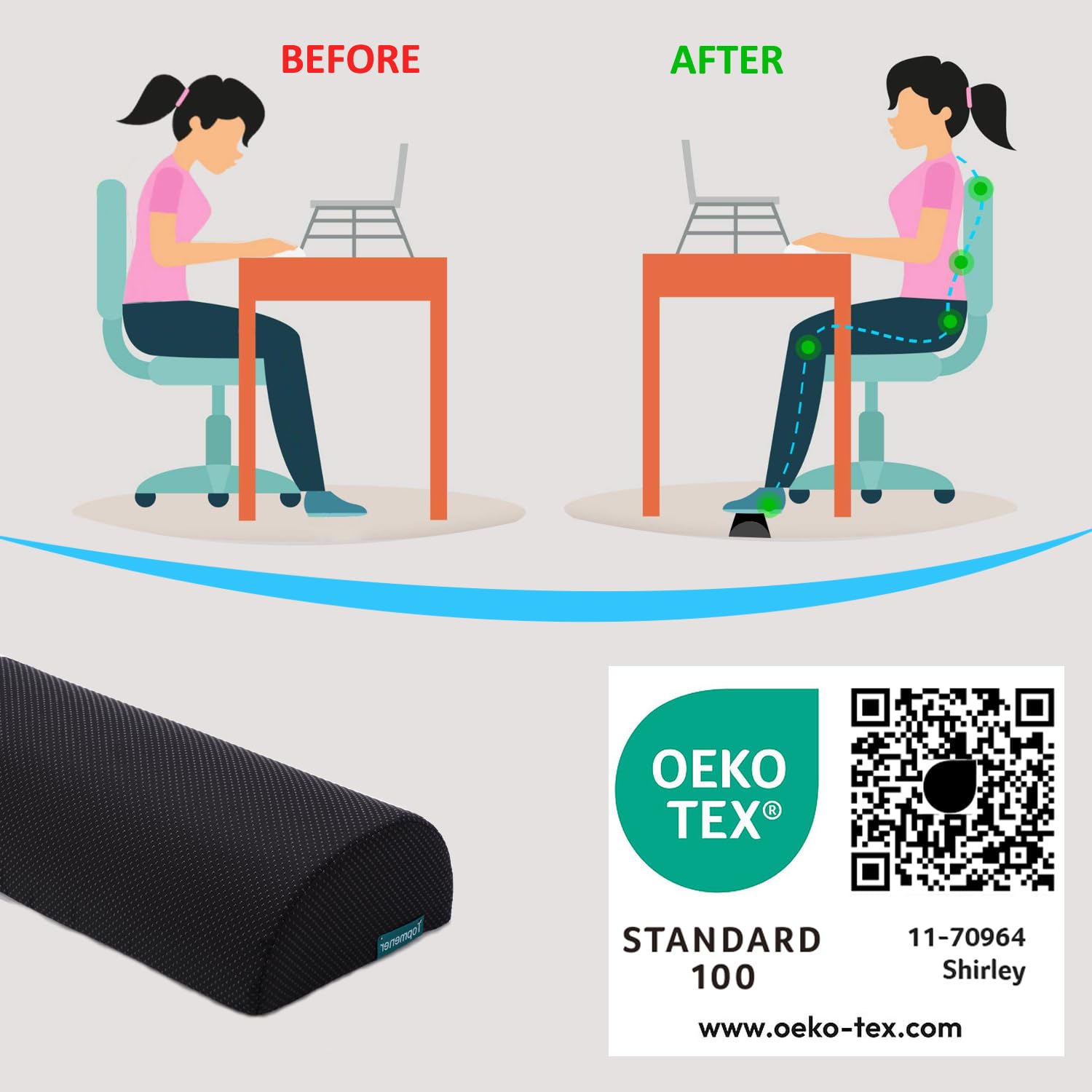 Ergonomic Foot Rest Cushion Foot Stool Under Desk with Massage Dots, Footrest Office with Washable Cover & Portable Handle, for Home Working& Office & Travel, Relieve Leg, Knee and Back