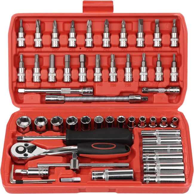46Pcs Metric Socket 1/4" HSS Drive Ratchet Bit Set Wrench Hex Torx Tool Kit Case Hover Image