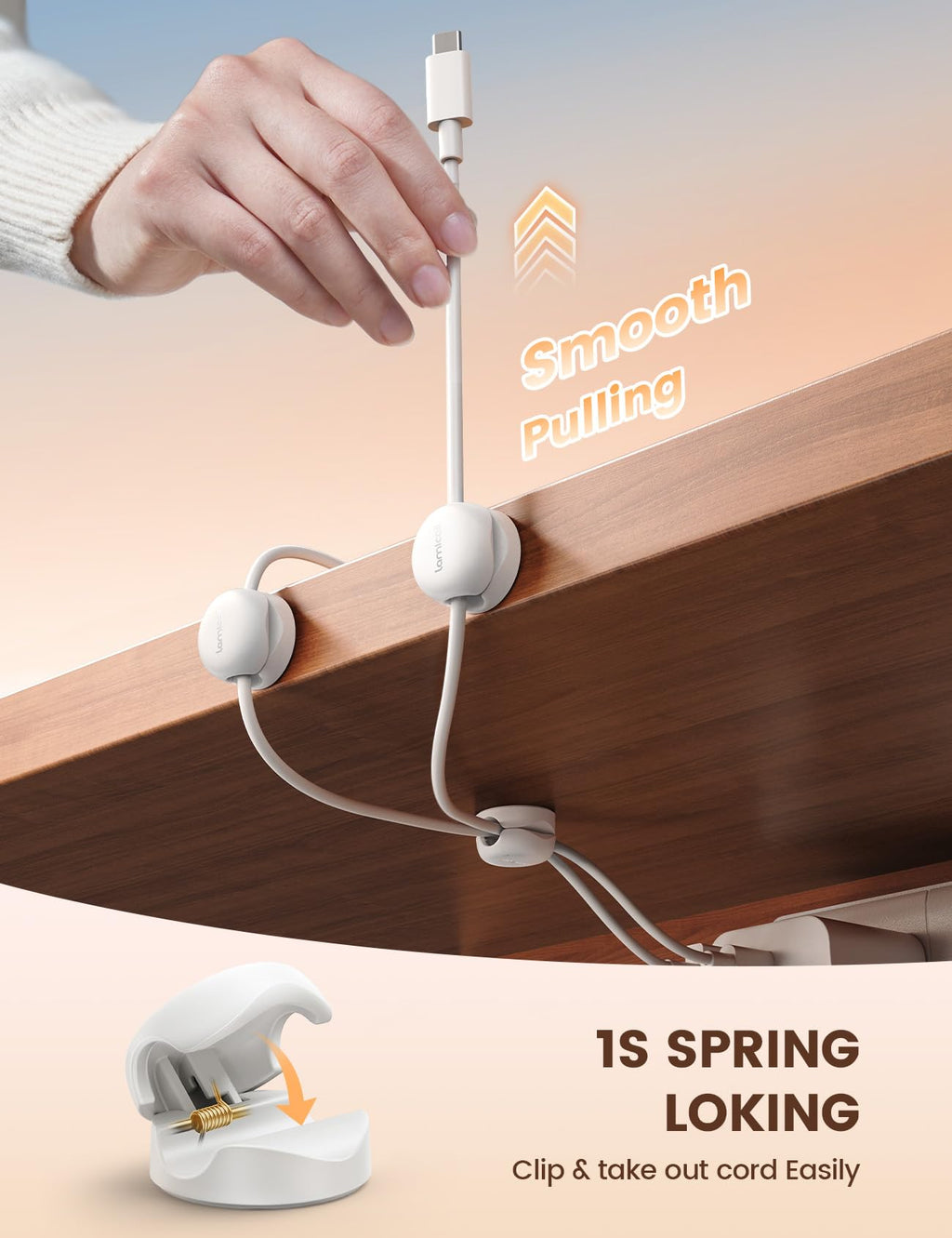 Lamicall [6 Pack] Spring Cable Holder Clips - [20% Smaller Volume] No-residue Cable Management, Cord Organiser, Desk Tidy, Phone Charging Wire Keeper for USB, HDMI, Wall, PC, Car, Office, Home - 8mm