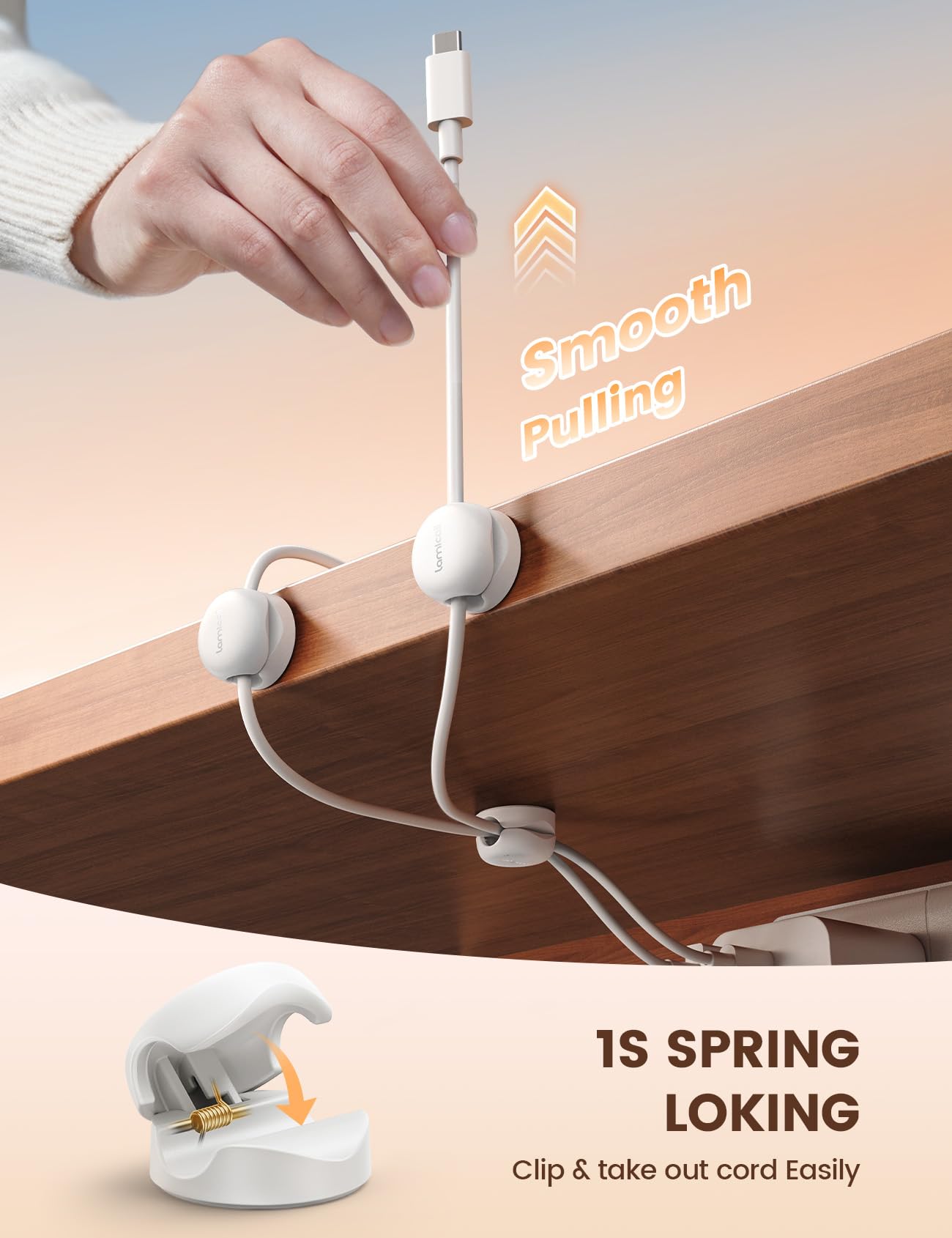 Lamicall [6 Pack] Spring Cable Holder Clips - [20% Smaller Volume] No-residue Cable Management, Cord Organiser, Desk Tidy, Phone Charging Wire Keeper for USB, HDMI, Wall, PC, Car, Office, Home - 8mm