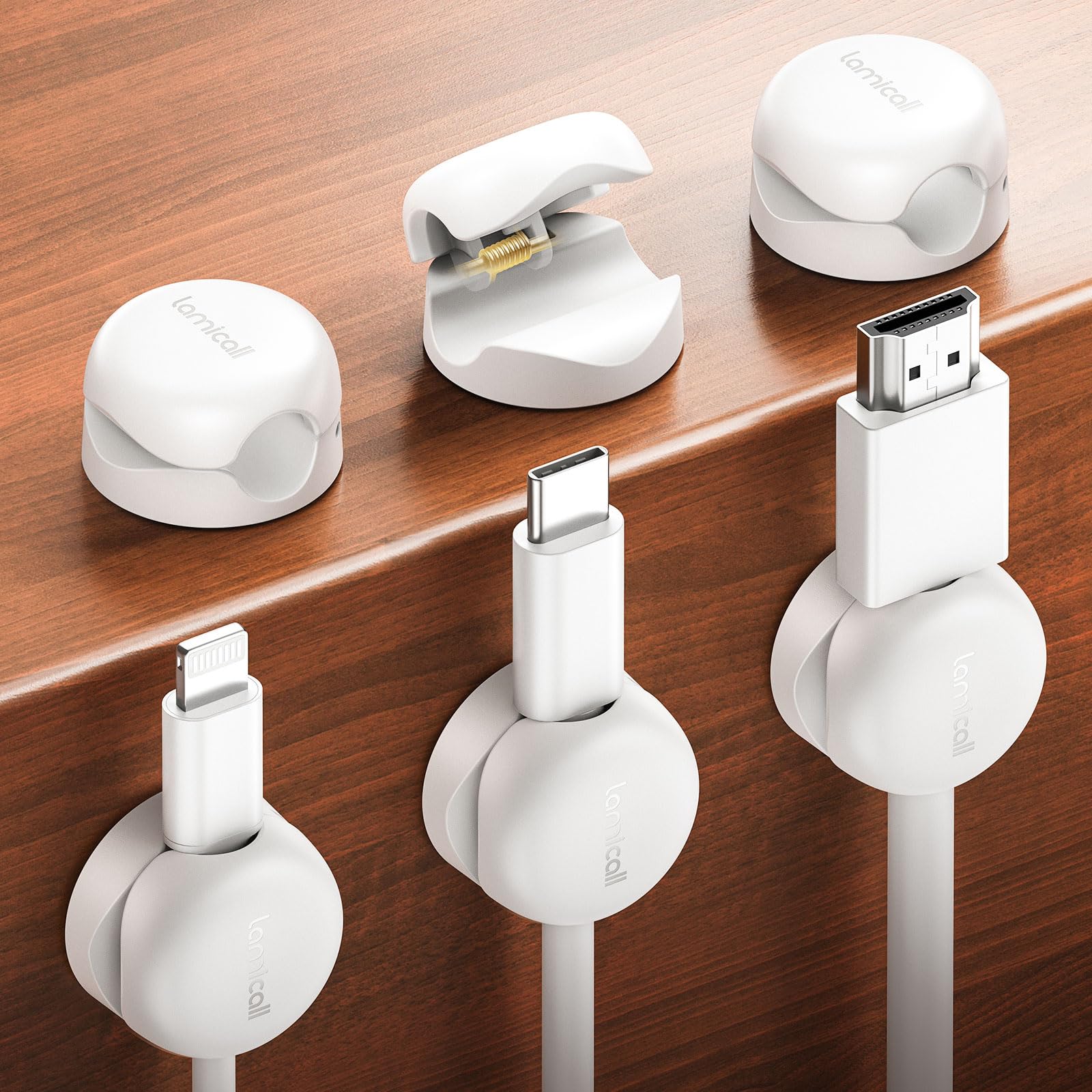 Lamicall [6 Pack] Spring Cable Holder Clips - [20% Smaller Volume] No-residue Cable Management, Cord Organiser, Desk Tidy, Phone Charging Wire Keeper for USB, HDMI, Wall, PC, Car, Office, Home - 8mm