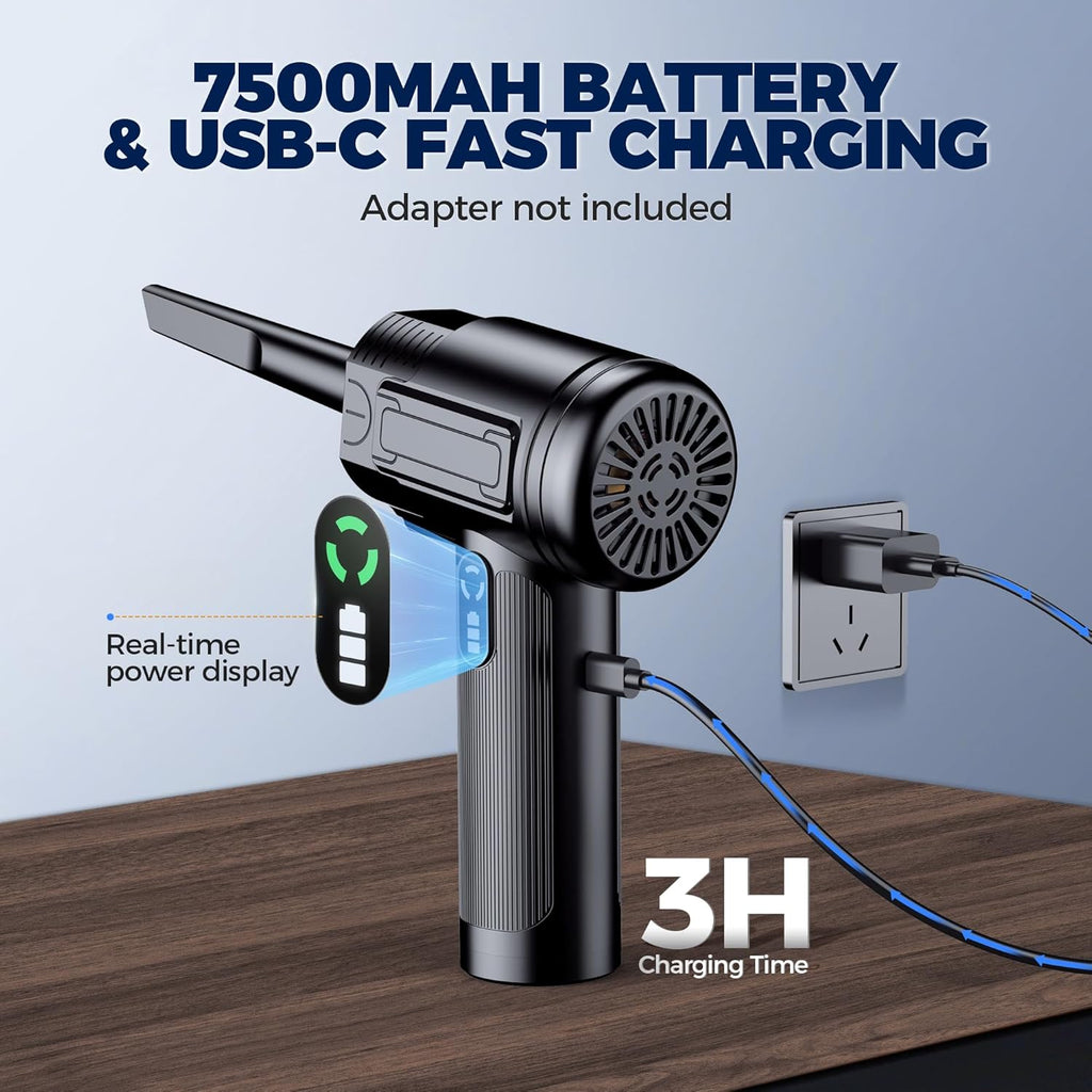 Compressed Air Duster – 100000RPM Rechargeable Cordless Air Blower with LED Light, 3-Speed Modes, Mini Keyboard Cleaner for PC, Laptop, Car & Home – Replaces Compressed Air Can