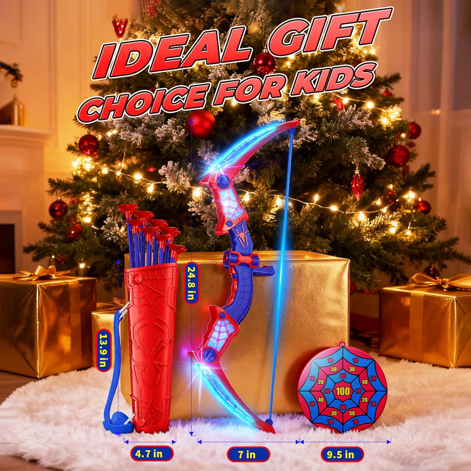 Toys for Age 3-12, Boys Toy Bow Arrow With Red & Blue LED Lights, Quiver & Web Target, Kids Toys Gifts for 3 4 5 6 7 8 10 Year Old Boys Kids Birthday Presents for 3 4 5 6 7 8 9 10 Year Olds Boys Girls