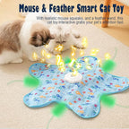 Interactive Cat Toys for Indoor Cats Adult kitten, Automatic Hide and Seek Cat Toy with Moving Feather and Mouse Squeaky for Indoor Kittens, USB Rechargeable, Blue