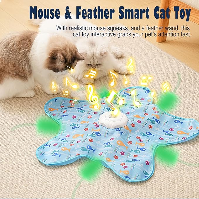 Interactive Cat Toys for Indoor Cats Adult kitten, Automatic Hide and Seek Cat Toy with Moving Feather and Mouse Squeaky for Indoor Kittens, USB Rechargeable, Blue