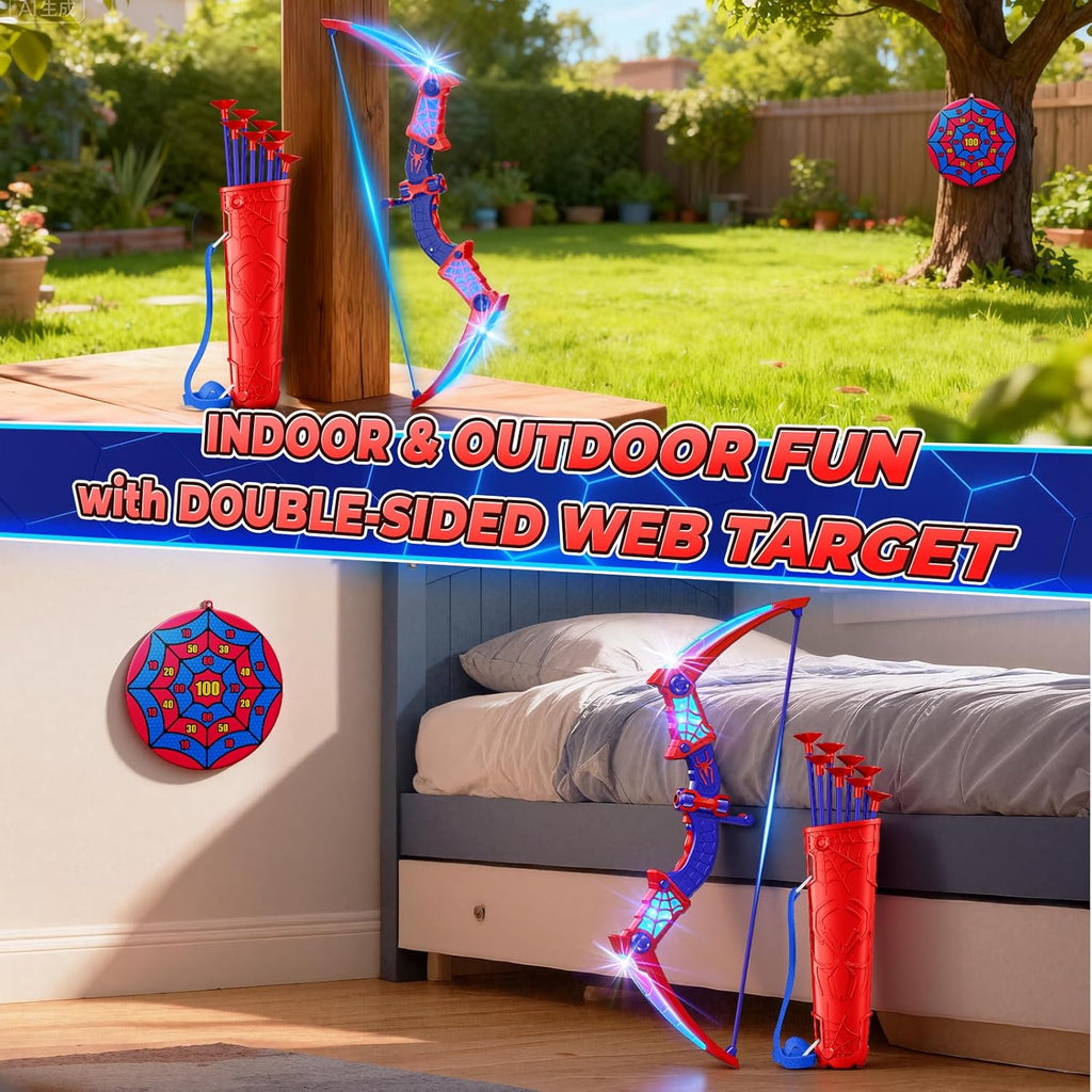Toys for Age 3-12, Boys Toy Bow Arrow With Red & Blue LED Lights, Quiver & Web Target, Kids Toys Gifts for 3 4 5 6 7 8 10 Year Old Boys Kids Birthday Presents for 3 4 5 6 7 8 9 10 Year Olds Boys Girls
