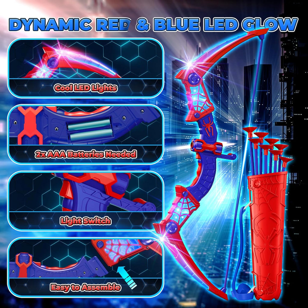 Toys for Age 3-12, Boys Toy Bow Arrow With Red & Blue LED Lights, Quiver & Web Target, Kids Toys Gifts for 3 4 5 6 7 8 10 Year Old Boys Kids Birthday Presents for 3 4 5 6 7 8 9 10 Year Olds Boys Girls