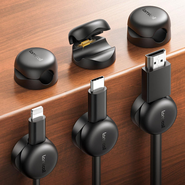 Lamicall [6 Pack] Spring Cable Holder Clips - [20% Smaller Volume] No-residue Cable Management, Cord Organiser, Desk Tidy, Phone Charging Wire Keeper for USB, HDMI, Wall, PC, Car, Office, Home - 8mm Hover Image
