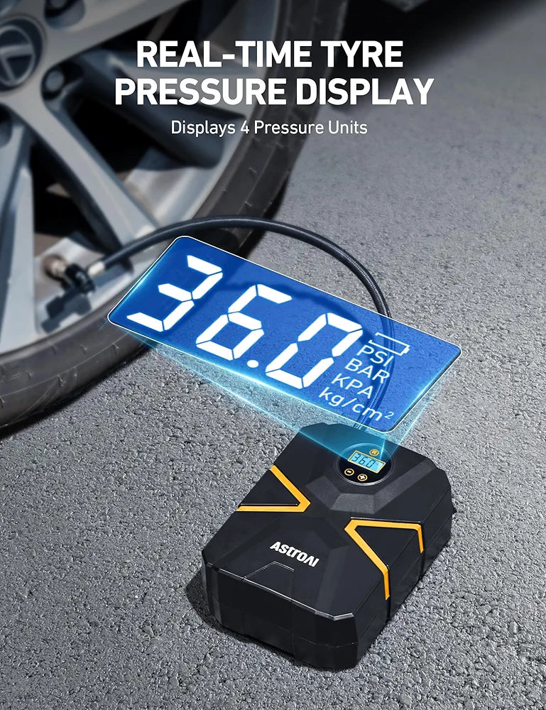 AstroAI Tyre Inflator Air Compressor 12V DC, Car Accessories Digital Tyre Pump 150 PSI, Preset Tyre Pressure & Auto Shutoff, Electric tyre Pumps for Cars Motorcycles Bikes 