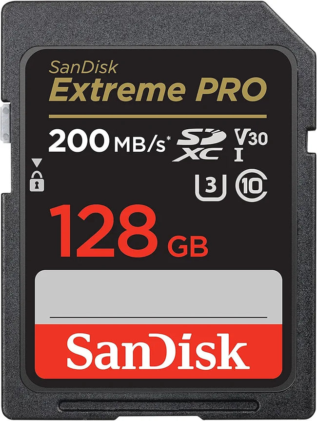 SanDisk 128GB Extreme PRO SDXC card, SD Card, V30 Memory Card, 4K UHD, up to 200 MB/s, SanDisk QuickFlow Technology, RescuePro Deluxe Data Recovery Software, UHS-I, Class 10, U3, V30 Hover Image