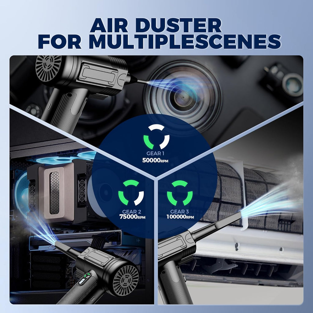 Compressed Air Duster – 100000RPM Rechargeable Cordless Air Blower with LED Light, 3-Speed Modes, Mini Keyboard Cleaner for PC, Laptop, Car & Home – Replaces Compressed Air Can