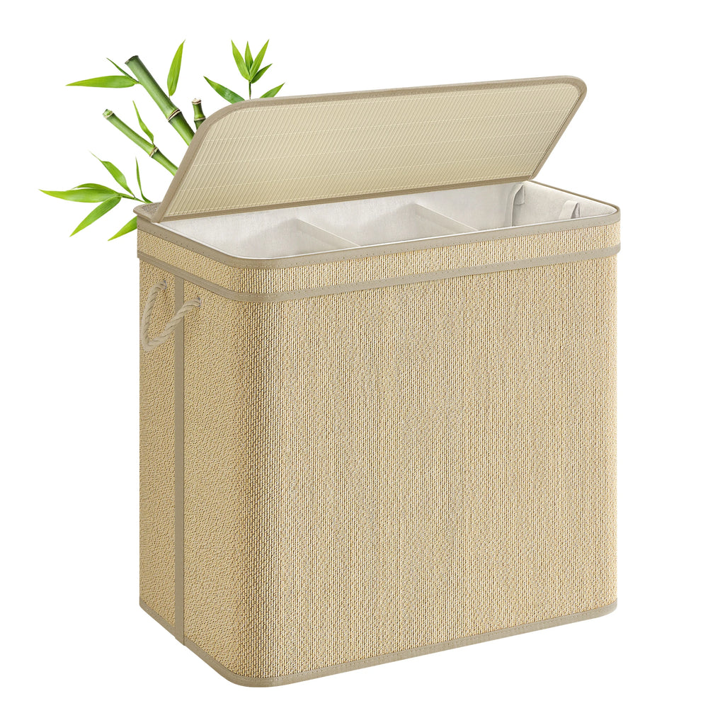 Bamboo Laundry Basket 3 Compartments, Dirty Clothes Hamper, 170 Liters, Removable and Machine Washable Bag, Lid, Handles, Laundr