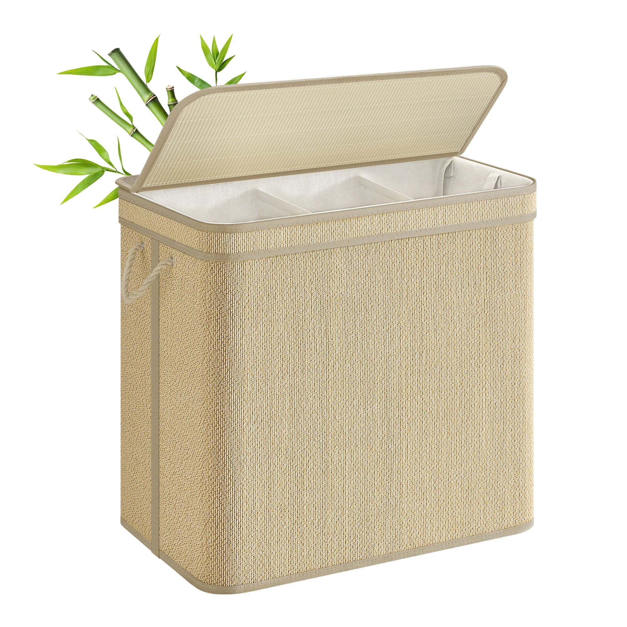 Bamboo Laundry Basket 3 Compartments, Dirty Clothes Hamper, 170 Liters, Removable and Machine Washable Bag, Lid, Handles, Laundr