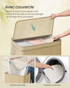 Bamboo Laundry Basket 3 Compartments, Dirty Clothes Hamper, 170 Liters, Removable and Machine Washable Bag, Lid, Handles, Laundr