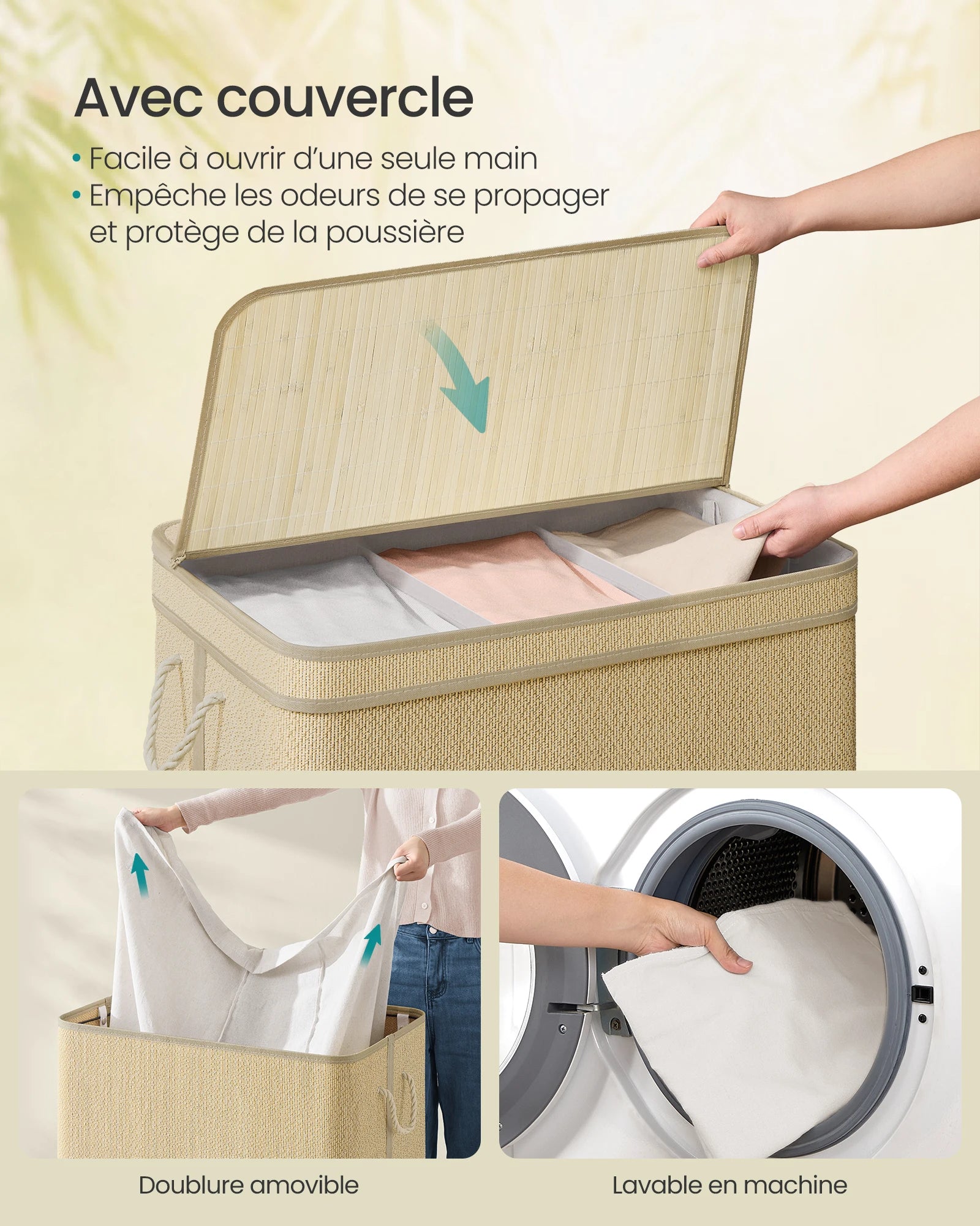 Bamboo Laundry Basket 3 Compartments, Dirty Clothes Hamper, 170 Liters, Removable and Machine Washable Bag, Lid, Handles, Laundr