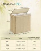Bamboo Laundry Basket 3 Compartments, Dirty Clothes Hamper, 170 Liters, Removable and Machine Washable Bag, Lid, Handles, Laundr