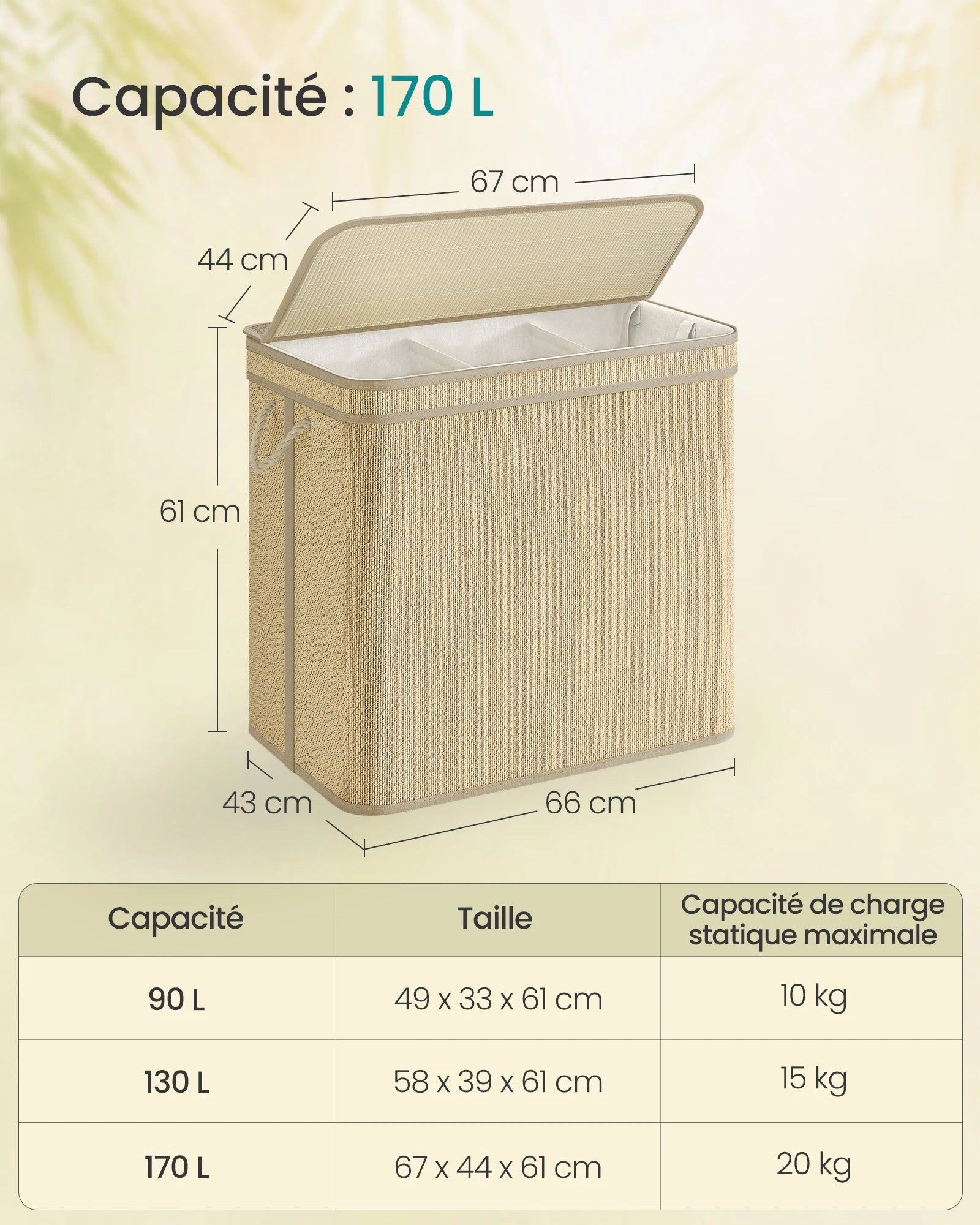 Bamboo Laundry Basket 3 Compartments, Dirty Clothes Hamper, 170 Liters, Removable and Machine Washable Bag, Lid, Handles, Laundr