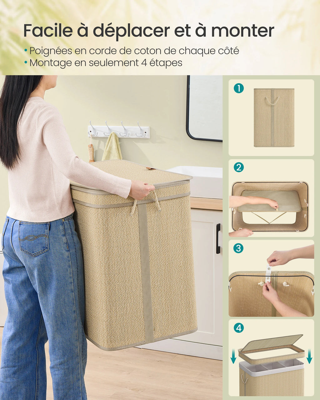 Bamboo Laundry Basket 3 Compartments, Dirty Clothes Hamper, 170 Liters, Removable and Machine Washable Bag, Lid, Handles, Laundr