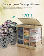 Bamboo Laundry Basket 3 Compartments, Dirty Clothes Hamper, 170 Liters, Removable and Machine Washable Bag, Lid, Handles, Laundr
