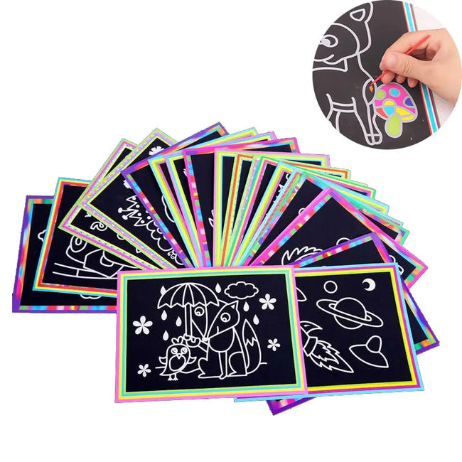 10 pcs 13x 9.8cm Scratch Art Paper Magic Painting Paper with Drawing Stick For Kids Toy Colorful Drawing Toys Hover Image