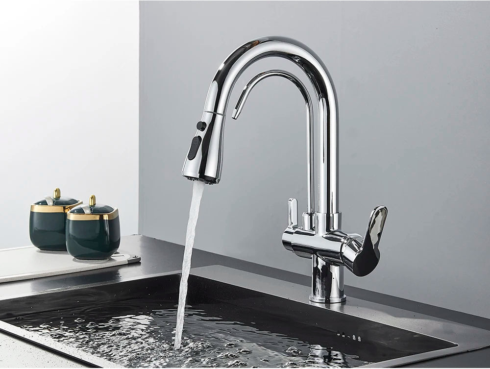 Black Purification Kitchen Faucets Pull Out Kitchen Water Filter Tap 3 Way Mixer Tap torneira para cozinha de parede Crane