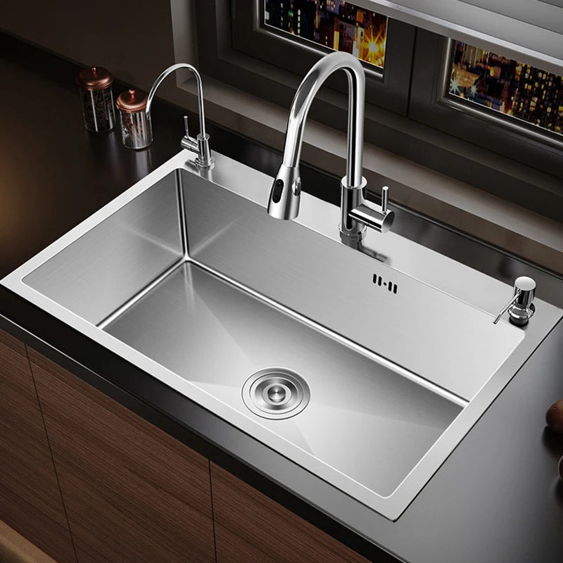 304 Stainless Steel Silver Kitchen Sink with Pull-Out Faucet Large Capacity Single Basin Bar Sinks Multifunction Washing Basins