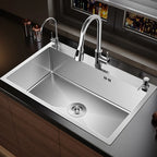304 Stainless Steel Silver Kitchen Sink with Pull-Out Faucet Large Capacity Single Basin Bar Sinks Multifunction Washing Basins