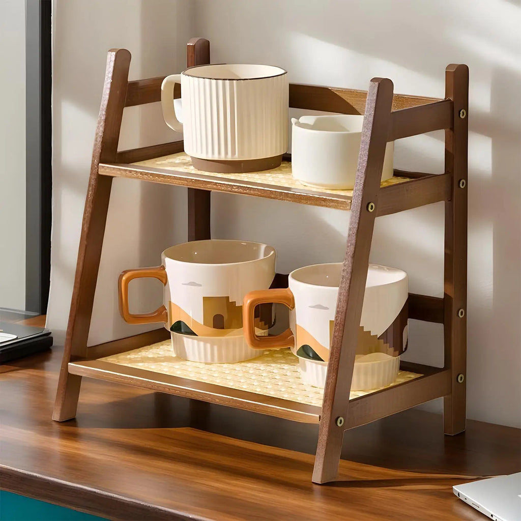 Countertop Organizer 2 Layer Coffee Cup Holder Multipurpose Bamboo Storage Shelf for Hotel Apartment Dressing Table Kitchen Home