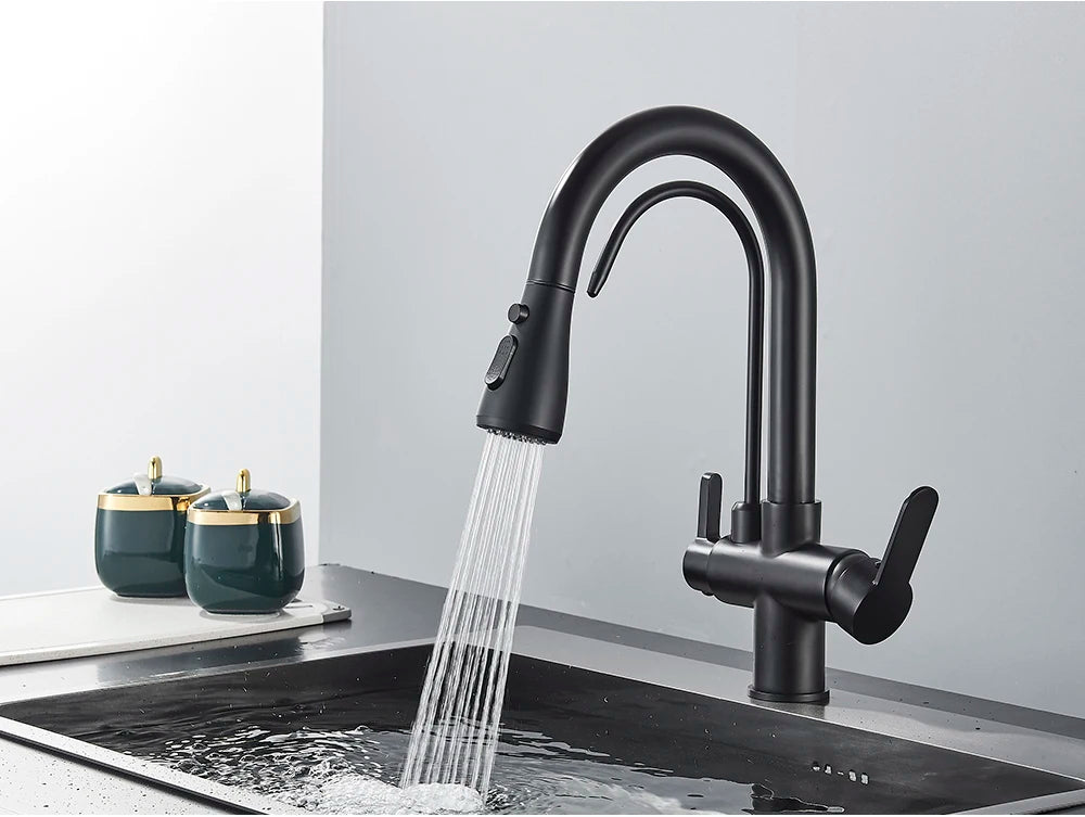 Black Purification Kitchen Faucets Pull Out Kitchen Water Filter Tap 3 Way Mixer Tap torneira para cozinha de parede Crane