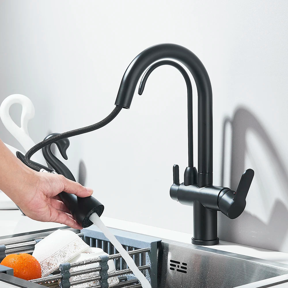Black Purification Kitchen Faucets Pull Out Kitchen Water Filter Tap 3 Way Mixer Tap torneira para cozinha de parede Crane