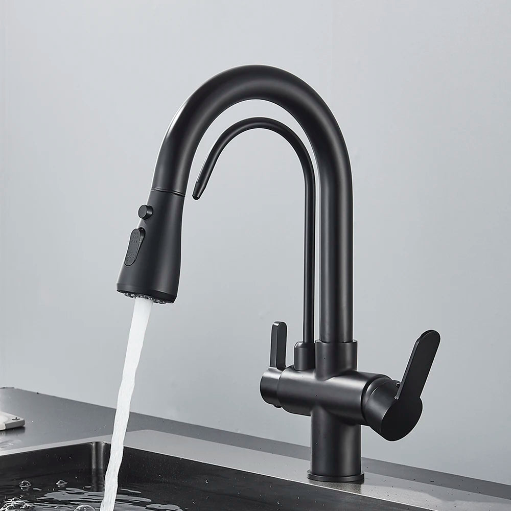 Black Purification Kitchen Faucets Pull Out Kitchen Water Filter Tap 3 Way Mixer Tap torneira para cozinha de parede Crane