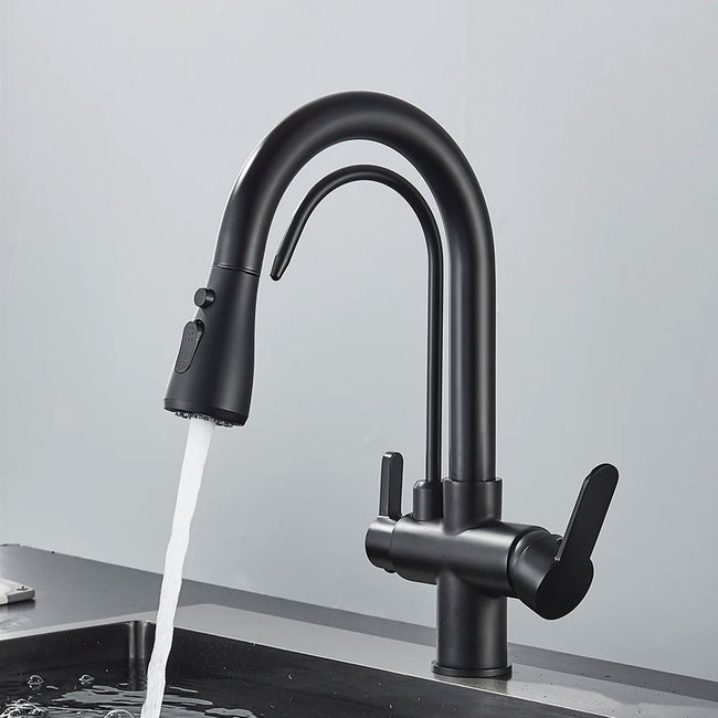 Black Purification Kitchen Faucets Pull Out Kitchen Water Filter Tap 3 Way Mixer Tap torneira para cozinha de parede Crane Main Image
