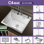304 Stainless Steel Silver Kitchen Sink with Pull-Out Faucet Large Capacity Single Basin Bar Sinks Multifunction Washing Basins