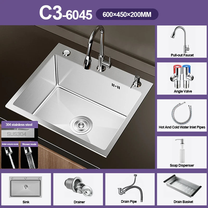 304 Stainless Steel Silver Kitchen Sink with Pull-Out Faucet Large Capacity Single Basin Bar Sinks Multifunction Washing Basins