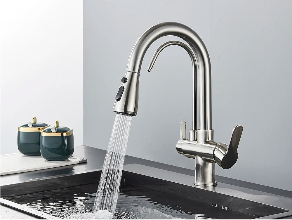 Black Purification Kitchen Faucets Pull Out Kitchen Water Filter Tap 3 Way Mixer Tap torneira para cozinha de parede Crane