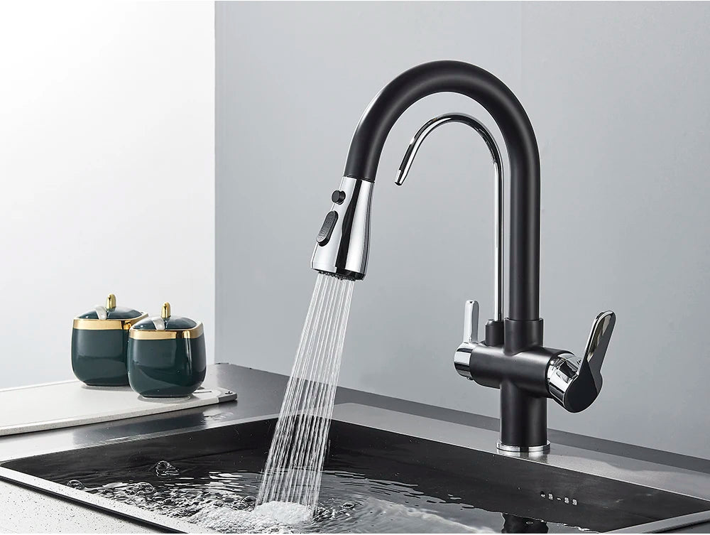 Black Purification Kitchen Faucets Pull Out Kitchen Water Filter Tap 3 Way Mixer Tap torneira para cozinha de parede Crane