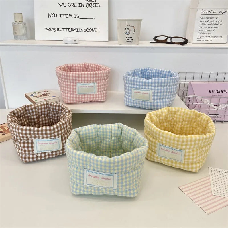 Ins Multi-function Storage Basket Foldable Large Capacity Home Decorate Cosmetic Sundry Fresh Lattice Quilted Desktop Organizer