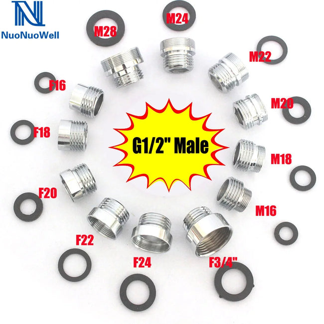 1pc 1/2'' BSP Male Thread Change To 16 18 20 22 24 26 28 30  Male Female Faucet Adapter Kitchen Bathroom Brass Water Tape Joint Hover Image