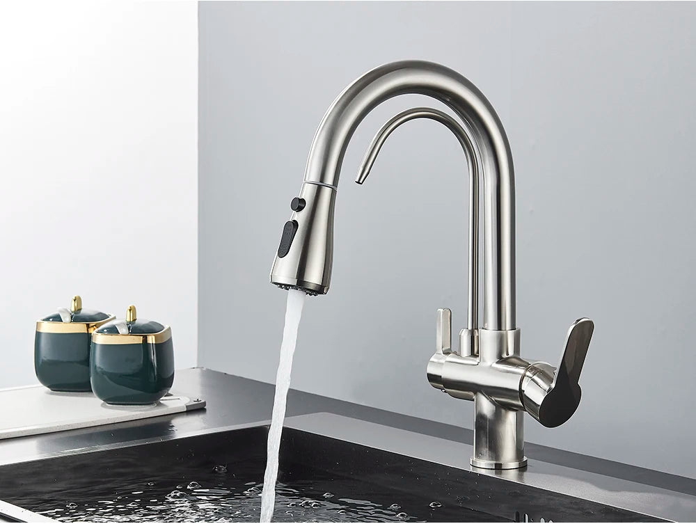 Black Purification Kitchen Faucets Pull Out Kitchen Water Filter Tap 3 Way Mixer Tap torneira para cozinha de parede Crane