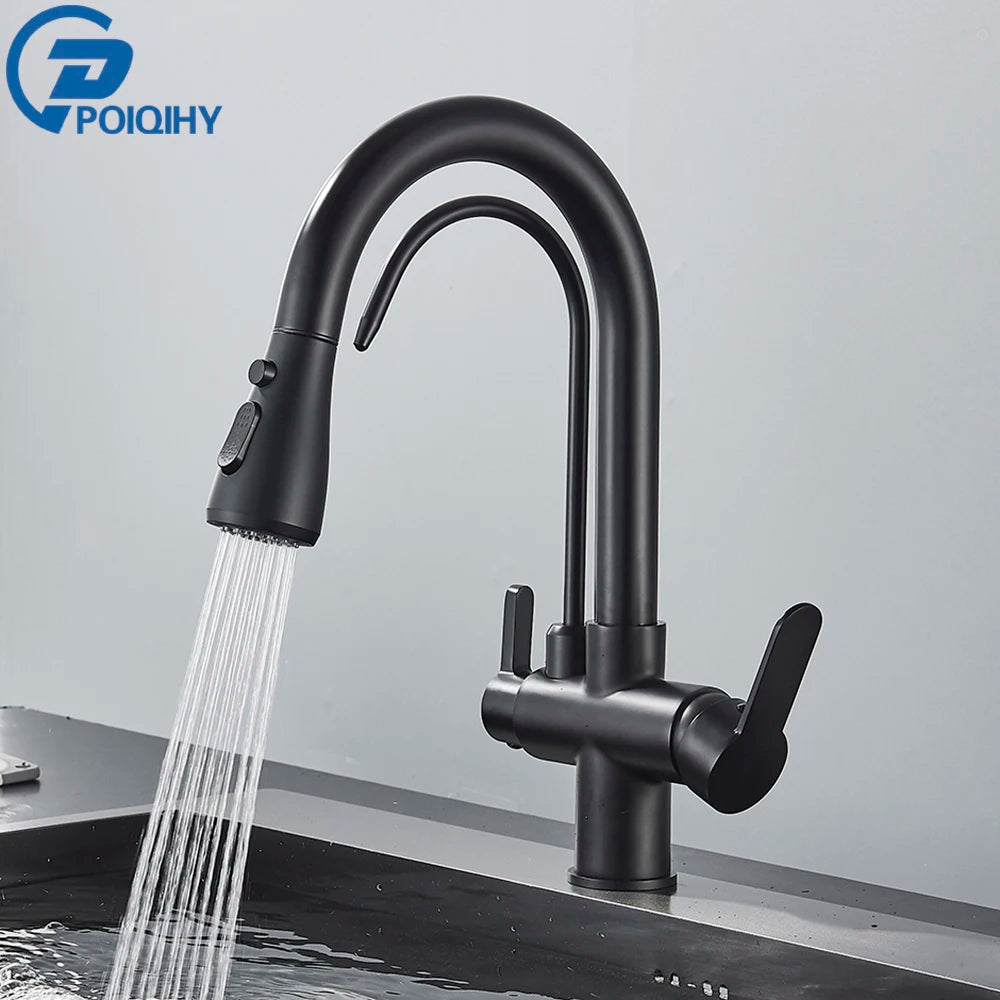 Black Purification Kitchen Faucets Pull Out Kitchen Water Filter Tap 3 Way Mixer Tap torneira para cozinha de parede Crane