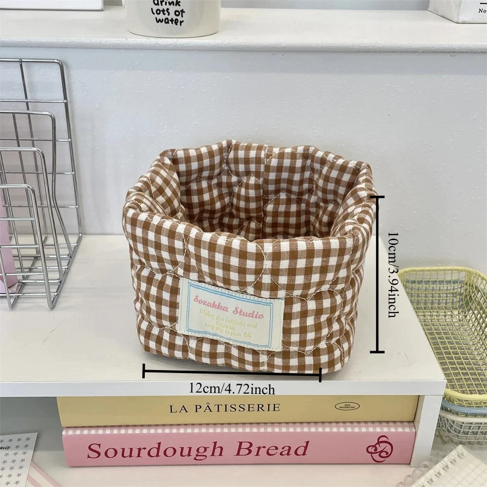 Ins Multi-function Storage Basket Foldable Large Capacity Home Decorate Cosmetic Sundry Fresh Lattice Quilted Desktop Organizer